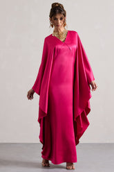 Hot Pink Satin Plunge Cape Maxi Dress